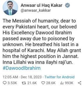 Pakistan's acting Prime Minister Anwar-ul-Haq Kakkar deleted X post.